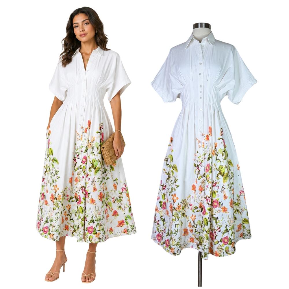 Anthropologie | Exquise Tobie Floral White Pleated Midi Shirtdress XS Petite